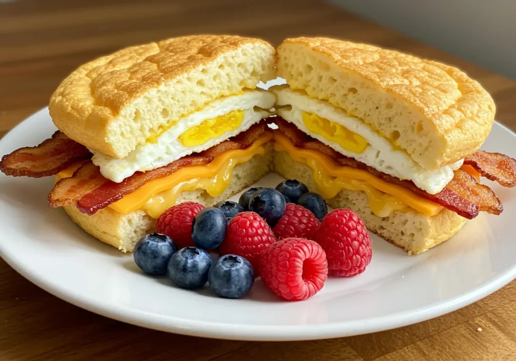 A fully assembled Cloud Bread Breakfast Sandwich, cut in half to show delicious layers of egg, bacon, and cheese, perhaps with a side of fresh berries