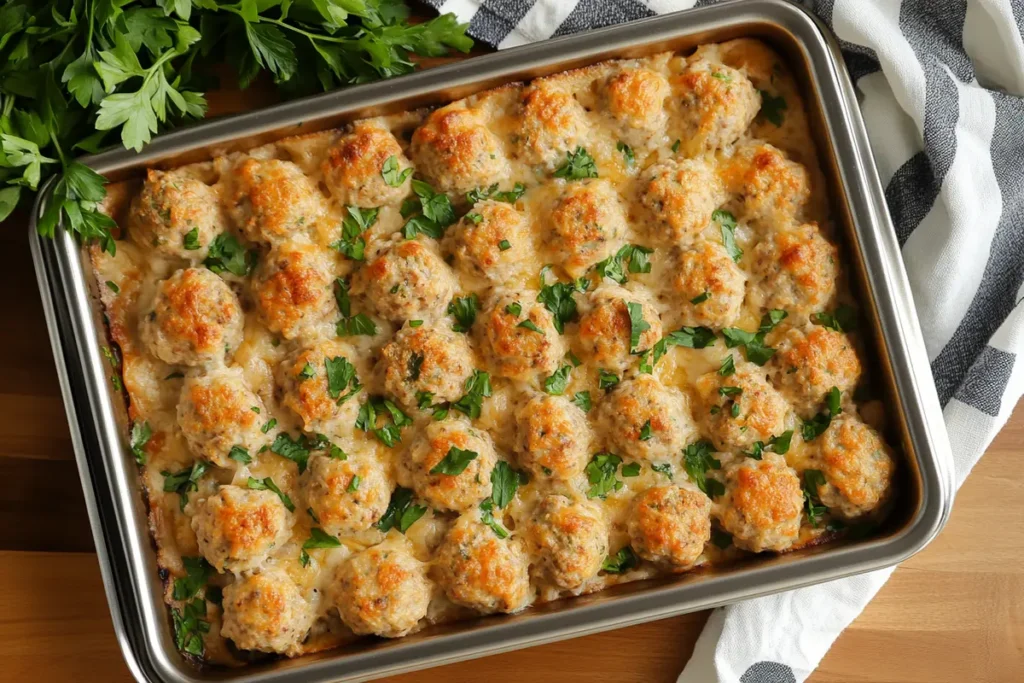 A large pan of freshly baked gluten free meatballs