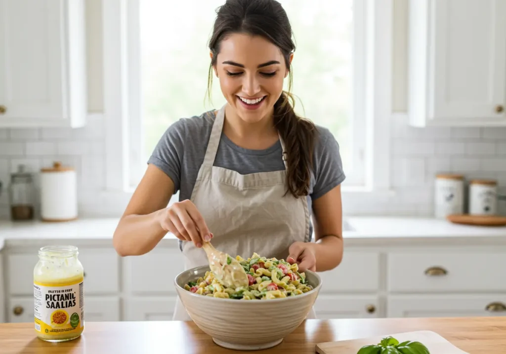 Alana from CookInHere.com mixing her ultimate gluten free pasta salad.