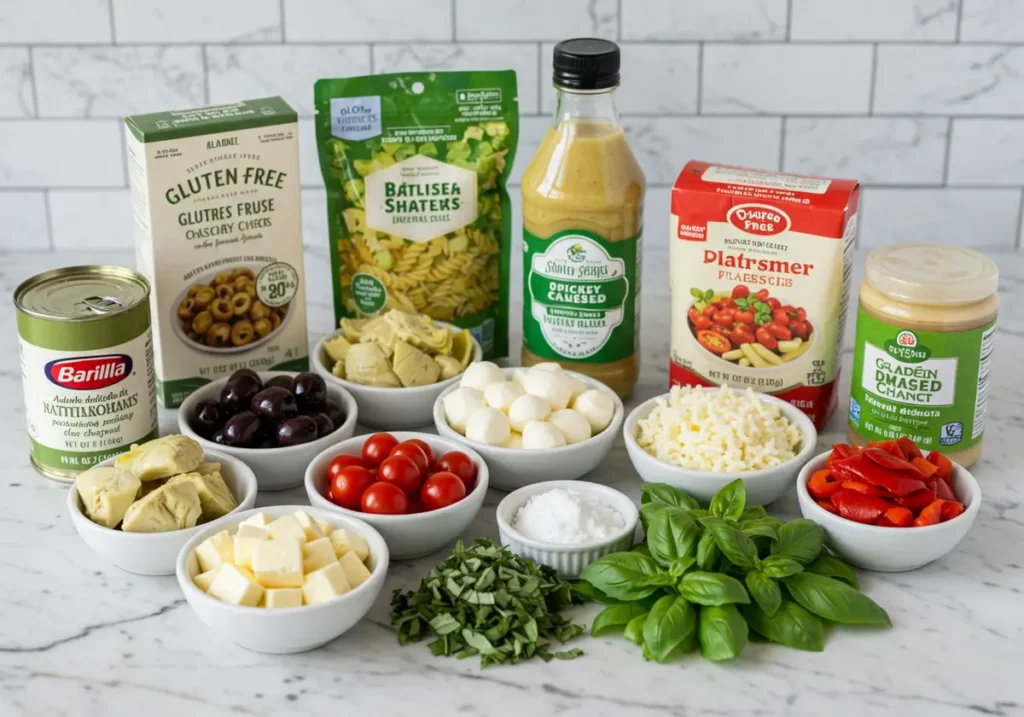 All the ingredients needed for Alana's gluten free pasta salad recipe