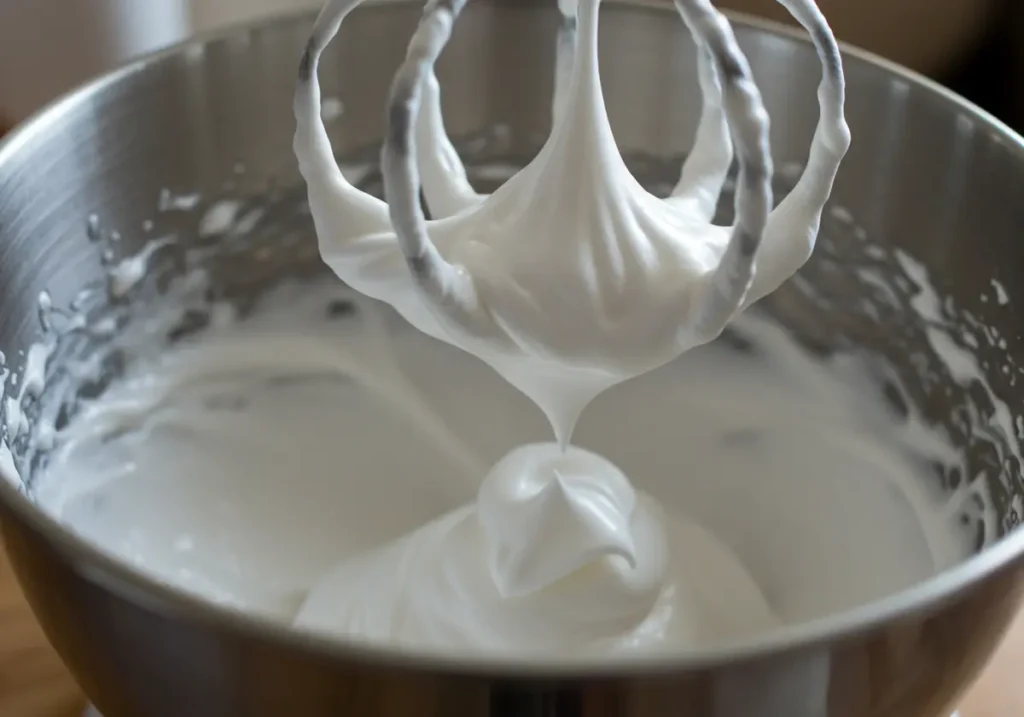 Close up of stiffly beaten egg whites in a bowl,