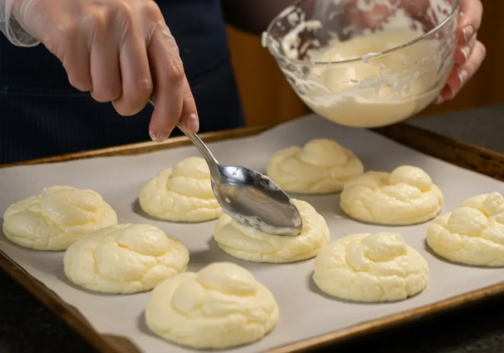 Cloud bread batter carefully spooned onto a parchment lined baking sheet before baking