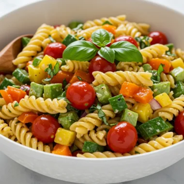 Delicious and colorful gluten free pasta salad in a serving bowl