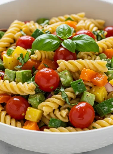 Delicious and colorful gluten free pasta salad in a serving bowl
