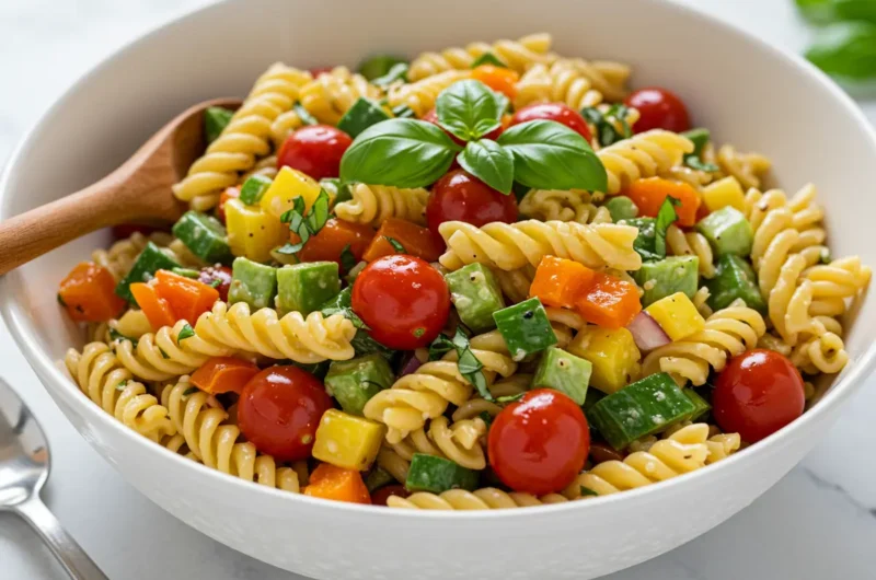 Delicious and colorful gluten free pasta salad in a serving bowl