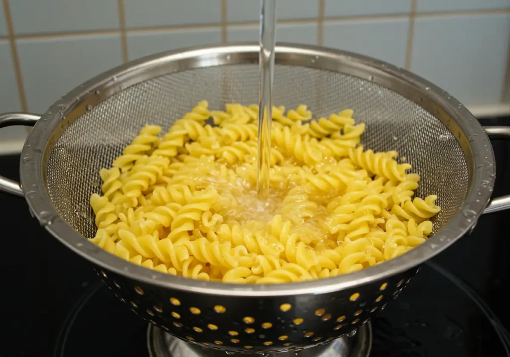 Rinsing cooked gluten free pasta for the salad