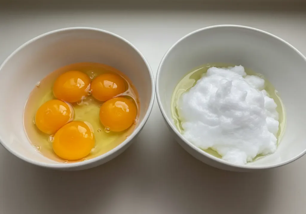 Separated egg yolks in one bowl and pristine egg whites in another, clean bowl