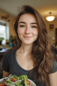 Alana, a young woman cooking in a cozy kitchen, smiling while preparing a homemade meal.