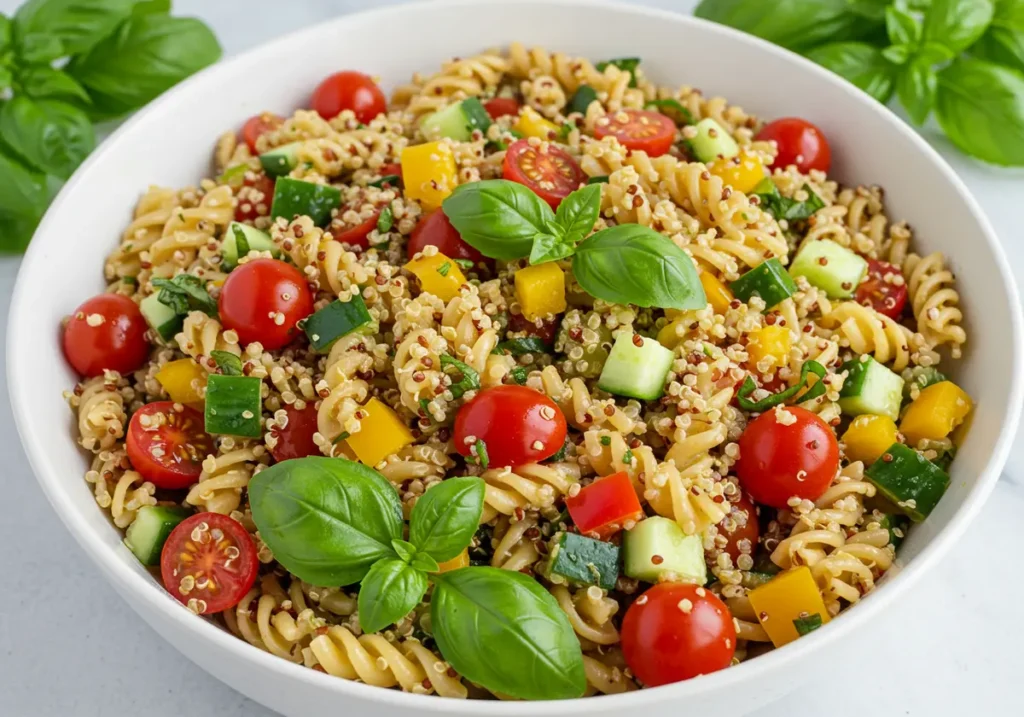 colorful gluten free pasta salad in a serving bowl