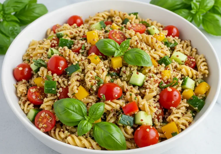 colorful gluten free pasta salad in a serving bowl