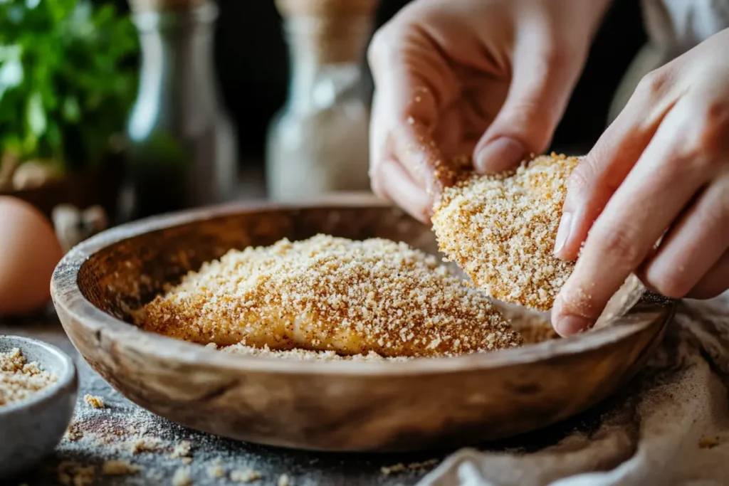 hands breading a gluten free Chicken Parmesan