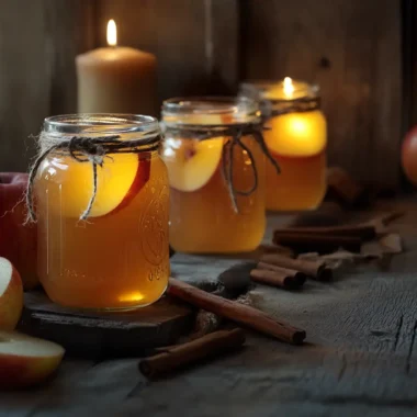 Glowing jars of homemade apple pie moonshine recipe with cinnamon sticks, evoking a cozy autumn feeling.