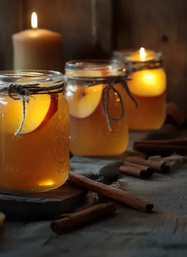 Glowing jars of homemade apple pie moonshine recipe with cinnamon sticks, evoking a cozy autumn feeling.