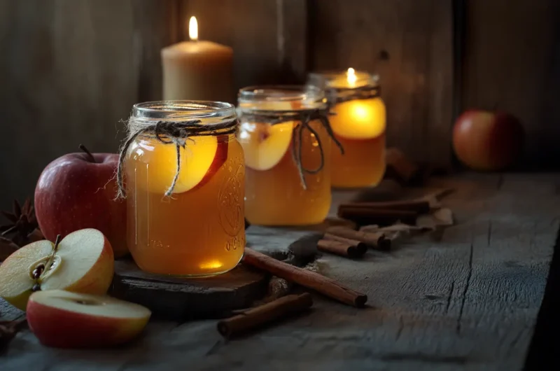Glowing jars of homemade apple pie moonshine recipe with cinnamon sticks, evoking a cozy autumn feeling.