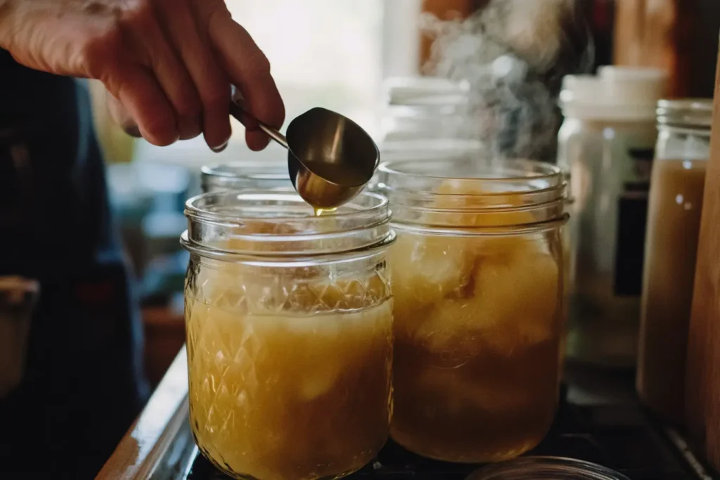 Ladling freshly made apple pie moonshine into mason jars.