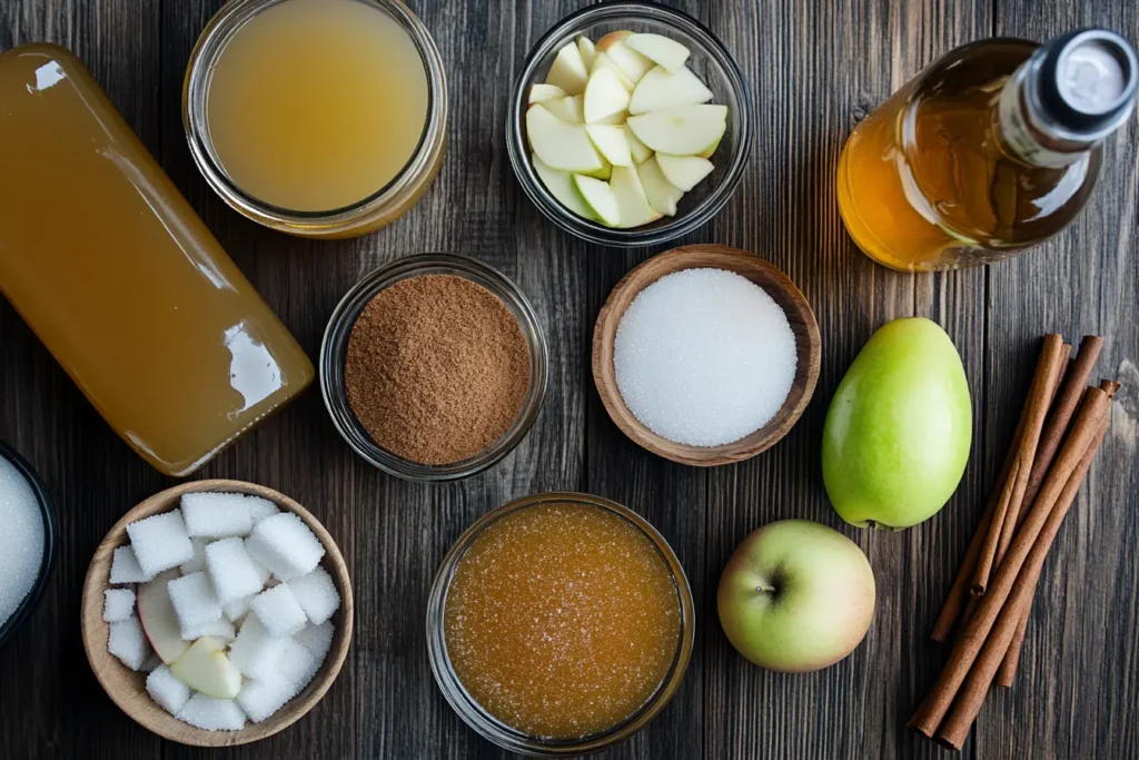 Ingredients for apple pie moonshine recipe including apple juice, cider, sugars, spices, and alcohol.